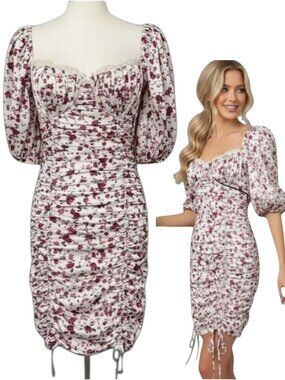 For Love & Lemons White Floral Ruched Mini Dress Sweetheart S